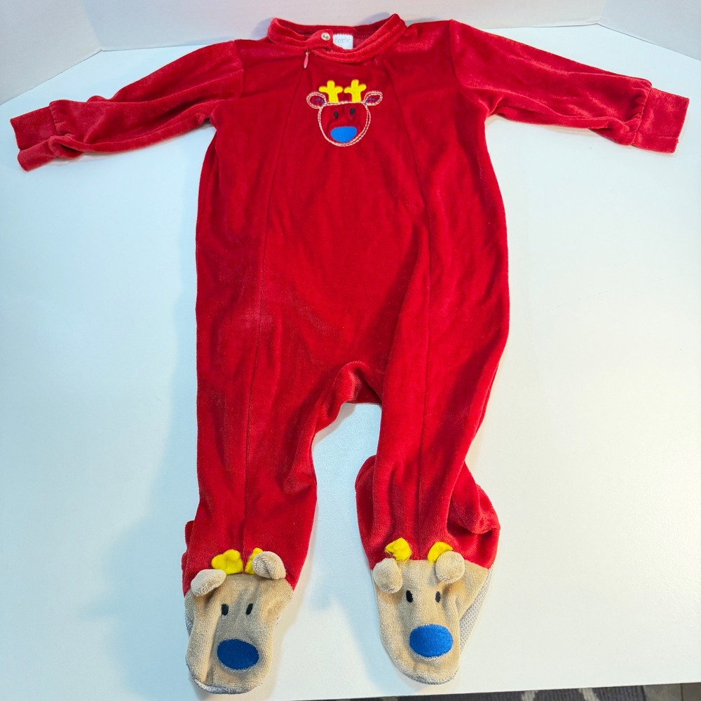 Carters Footed Pajamas Infant 12M Red Reindeer Minky Christmas Velour Sleeper